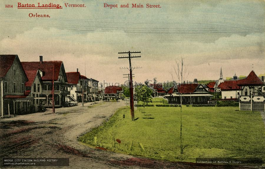 Postcard: Barton Landing/Orleans, Vermont. Depot and Main Street